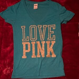PINK Victoria's Secret Teal T-Shirt with Gold Lettering